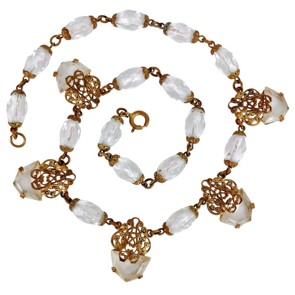 Antique Art Deco Filigree Glass Station Necklace Gold Tone Brass Faceted 1930s
